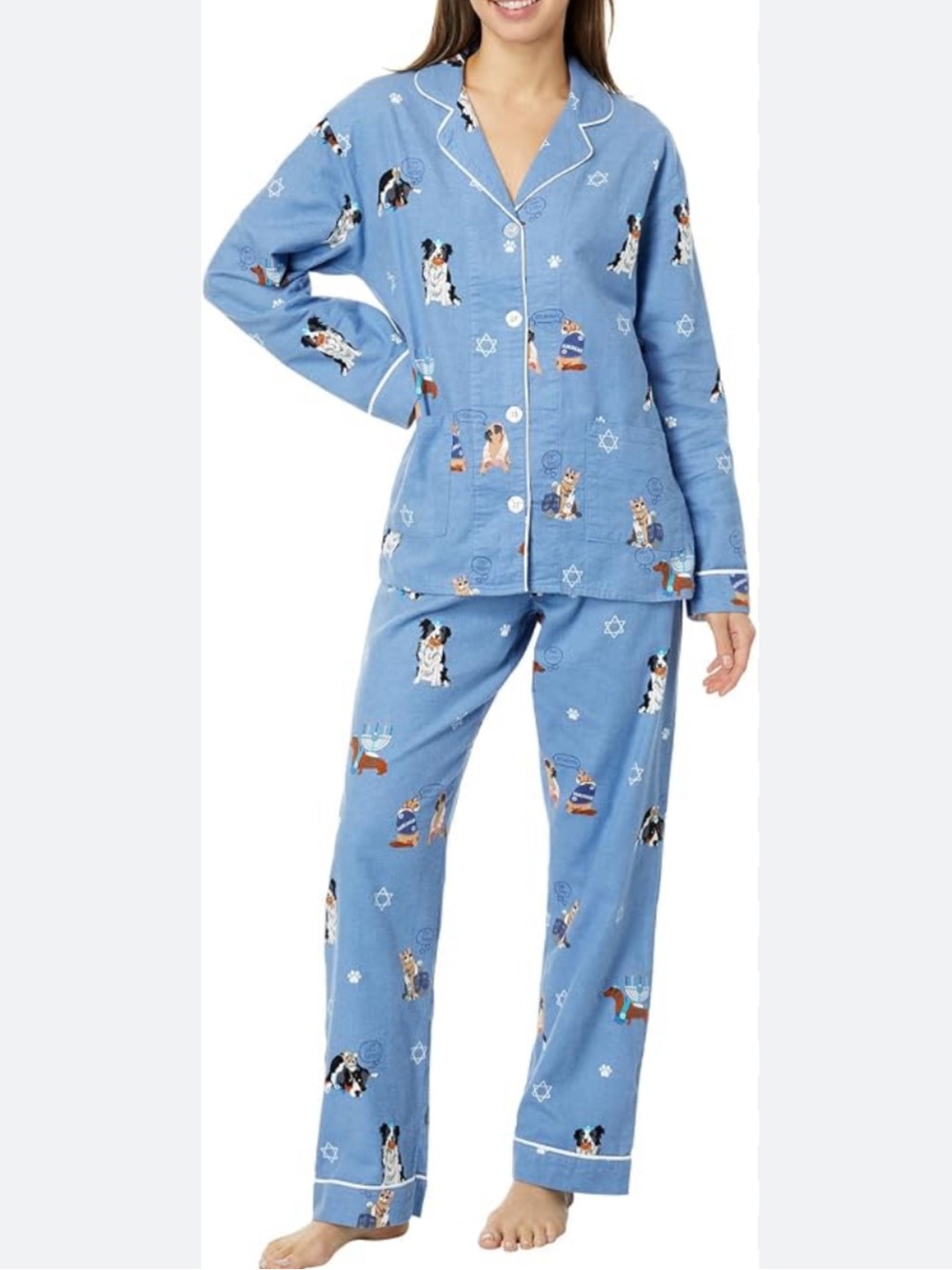 PJ Salvage Blue 100% Cotton Flannel Dog & Cat Hanukkah Pajama Set Size M